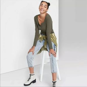 Long Sleeve Round Neck Cozy Henley - Army Green